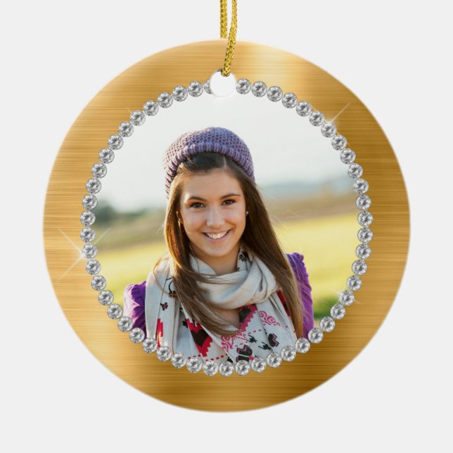 Faux Gold Foil Family Photo Monogram Ceramic Tree Decoration (Front)