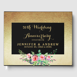 Faux Gold Foil Floral 50th Wedding Anniversary Guest Book