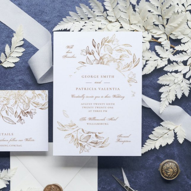 Faux Gold Foil Floral Hand Drawn Elegant Wedding Invitation (Creator Uploaded)