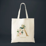 Faux Gold Foil Floral Letter A Monogram Bridesmaid Tote Bag<br><div class="desc">Feminine and elegant floral tote bag featuring watercolor illustrations of flowers,  greenery and faux foil monogram. Personalize by adding a name or short phrase. This monogram floral canvas bag will be perfect as a personalized gift.</div>