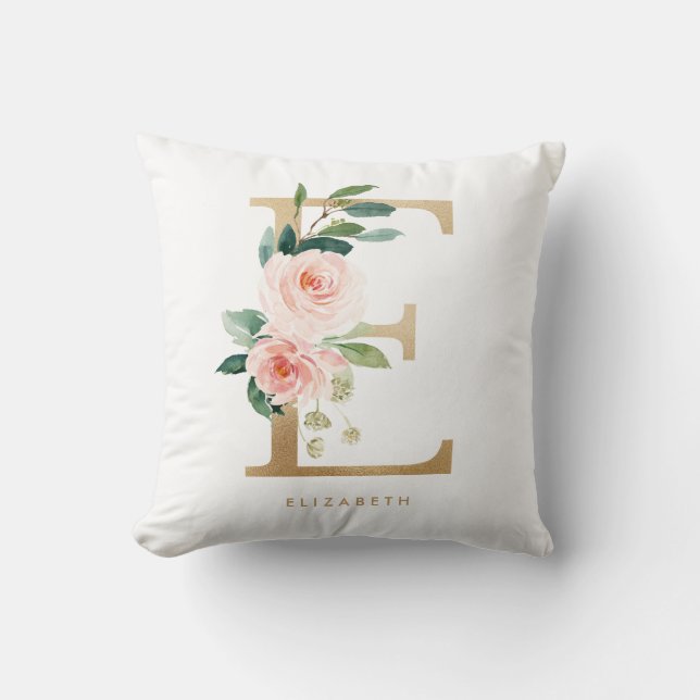 Faux Gold Foil Floral Letter E Monogram Cushion (Front)