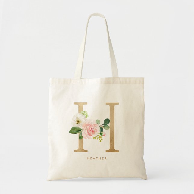 Faux Gold Foil Floral Letter H Monogram Bridesmaid Tote Bag (Front)