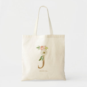 Faux Gold Foil Floral Letter J Monogram Bridesmaid Tote Bag
