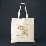 Faux Gold Foil Floral Letter N Monogram Bridesmaid Tote Bag<br><div class="desc">Feminine and elegant floral tote bag featuring watercolor illustrations of flowers,  greenery and faux foil monogram. Personalise by adding a name or short phrase. This letter N monogram floral canvas bag will be perfect as a personalised gift.</div>
