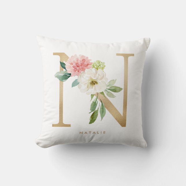 Faux Gold Foil Floral Letter N Monogram Cushion (Front)