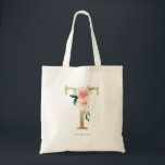 Faux Gold Foil Floral Letter T Monogram Bridesmaid Tote Bag<br><div class="desc">Feminine and elegant floral tote bag featuring watercolor illustrations of flowers,  greenery and faux foil monogram. Personalise by adding a name or short phrase. This letter T monogram floral canvas bag will be perfect as a personalised gift.</div>