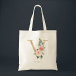 Faux Gold Foil Floral Letter V Monogram Bridesmaid Tote Bag<br><div class="desc">Feminine and elegant floral tote bag featuring watercolor illustrations of flowers,  greenery and faux foil monogram. Personalise by adding a name or short phrase. This letter V monogram floral canvas bag will be perfect as a personalised gift.</div>