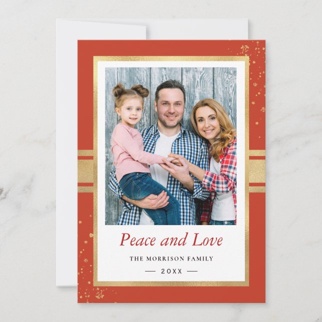 Faux Gold Foil Frame Peace and Love Photo Holiday Card (Front)