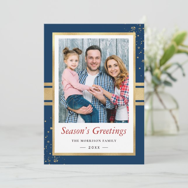 Faux Gold Foil Frame Season’s Greetings Photo Holiday Card (Standing Front)