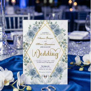 Faux Gold Foil Geometric Marble Blue Floral Invitation