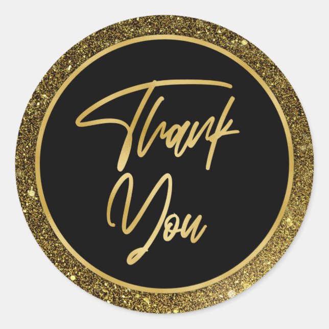 Faux Gold Foil & Glitter Modern Thank You Classic Round Sticker (Front)