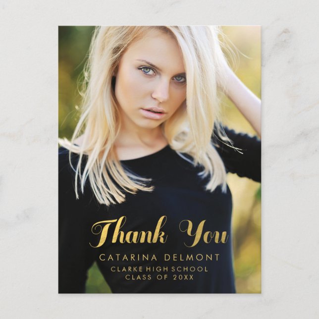 Faux Gold Foil Graduation Photo Thank You Postcard (Front)