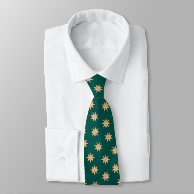 Faux Gold Foil & Green Stars Pattern Tie (Tied)