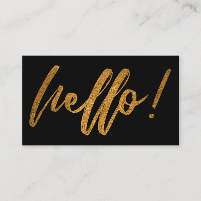 Faux Gold Foil Hello Handwriting Script on Black Business Card (Front)