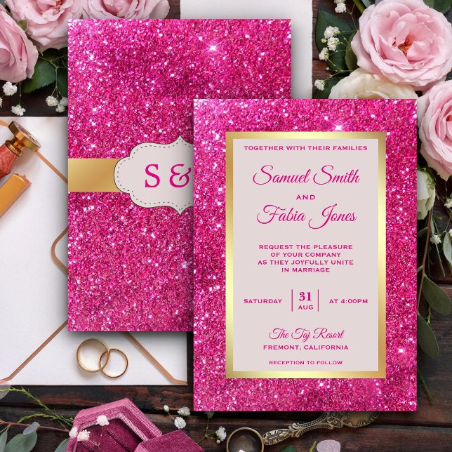 Faux Gold Foil Hot Pink Glitter Wedding Invitation (Creator Uploaded)