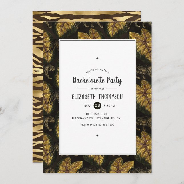 Faux Gold Foil Jungle Tiger Bachelorette Party Invitation (Front/Back)