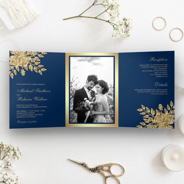Faux Gold Foil Leaves Floral Navy Blue Wedding Tri-Fold Invitation (Creator Uploaded)