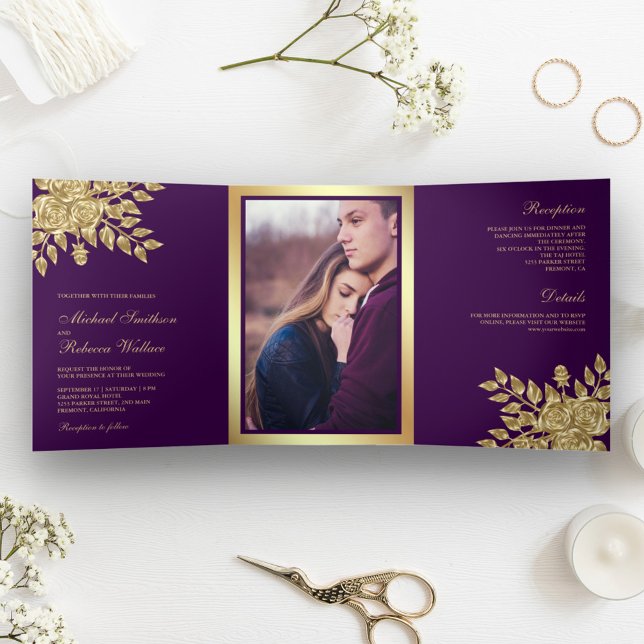 Faux Gold Foil Leaves Floral Purple Wedding Tri-Fold Invitation (Creator Uploaded)