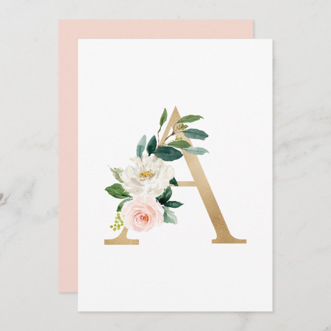 Faux Gold Foil Letter A Blush Floral Monogram  Invitation (Front/Back)