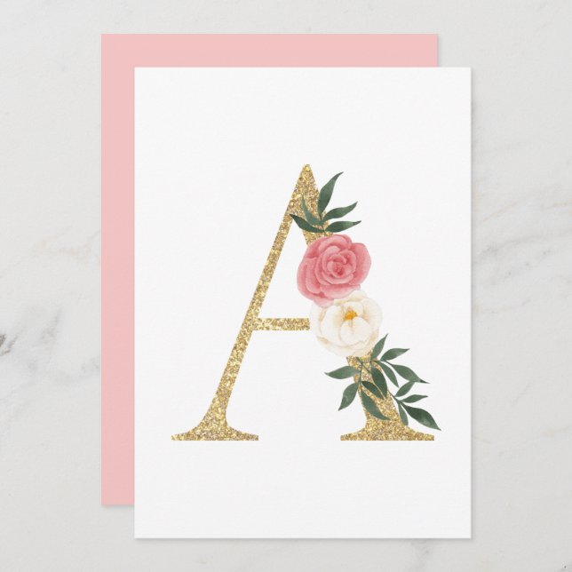 Faux Gold Foil Letter A Blush Floral Monogram Invitation (Front/Back)