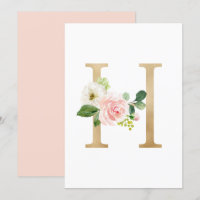 Faux Gold Foil Letter H Blush Floral Monogram