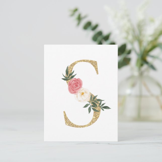 Faux Gold Foil Letter S Blush Floral Monogram Postcard (Standing Front)