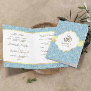 Faux Gold Foil Light Blue Damask Muslim Wedding Invitation