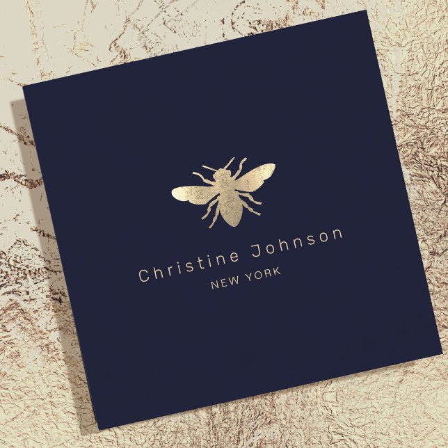 faux gold foil logo bee on dark blue square business card (Creator Uploaded)