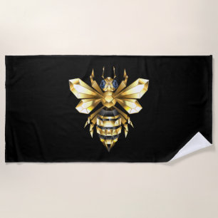Faux Gold Foil Logo Bee Polygonal on Black Beach Towel