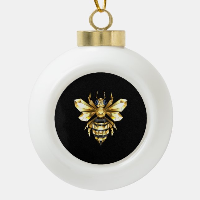 Faux Gold Foil Logo Bee Polygonal on Black Ceramic Ball Christmas Ornament (Front)