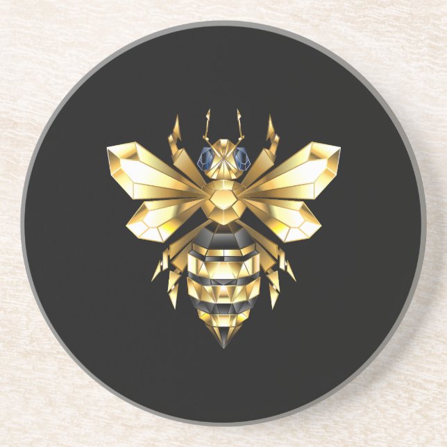 Faux Gold Foil Logo Bee Polygonal on Black Coaster (Front)