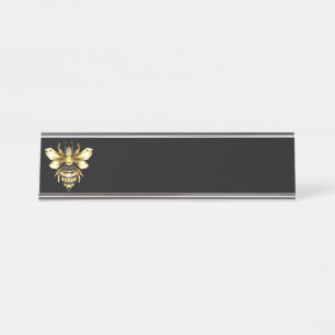 Faux Gold Foil Logo Bee Polygonal on Black Desk Name Plate