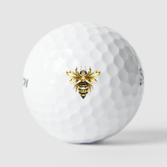Faux Gold Foil Logo Bee Polygonal on Black Golf Balls (Front)