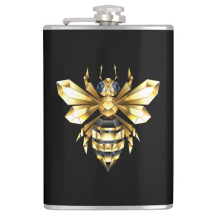 Faux Gold Foil Logo Bee Polygonal on Black Hip Flask