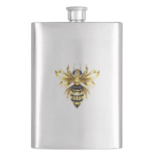 Faux Gold Foil Logo Bee Polygonal on Black Hip Flask