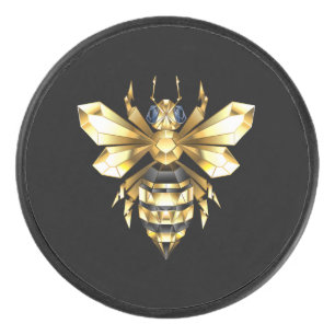 Faux Gold Foil Logo Bee Polygonal on Black Hockey Puck