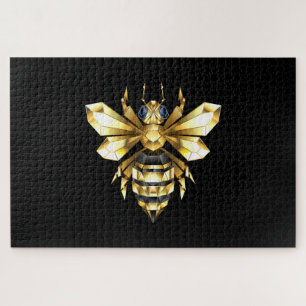 Faux Gold Foil Logo Bee Polygonal on Black Jigsaw Puzzle