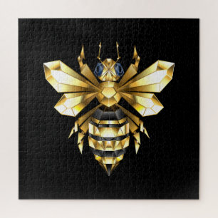 Faux Gold Foil Logo Bee Polygonal on Black Jigsaw Puzzle