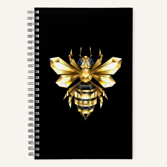 Faux Gold Foil Logo Bee Polygonal on Black Notebook (Front)
