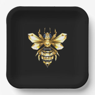 Faux Gold Foil Logo Bee Polygonal on Black Paper Plate