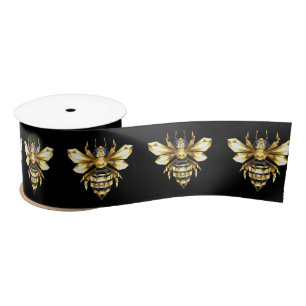 Faux Gold Foil Logo Bee Polygonal on Black Satin Ribbon