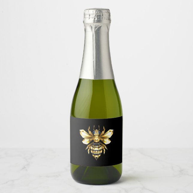 Faux Gold Foil Logo Bee Polygonal on Black Sparkling Wine Label (Front)