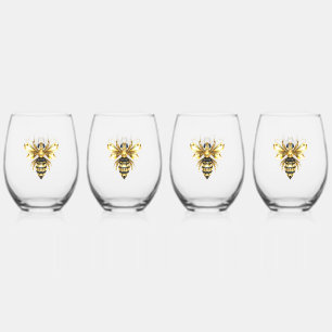 Faux Gold Foil Logo Bee Polygonal on Black Stemless Wine Glass