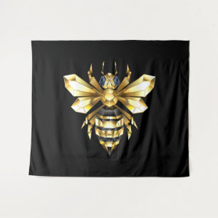 Faux Gold Foil Logo Bee Polygonal on Black Tapestry
