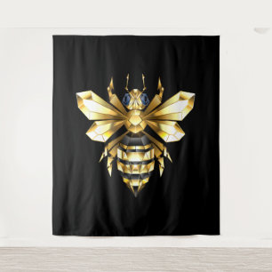 Faux Gold Foil Logo Bee Polygonal on Black Tapestry