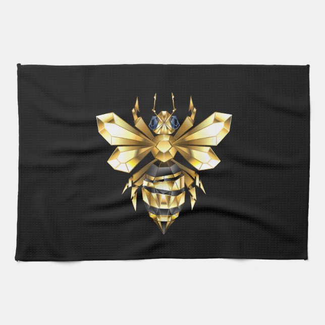 Faux Gold Foil Logo Bee Polygonal on Black Tea Towel (Horizontal)