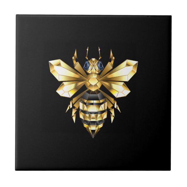 Faux Gold Foil Logo Bee Polygonal on Black Tile (Front)