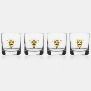 Faux Gold Foil Logo Bee Polygonal on Black Whiskey Glass