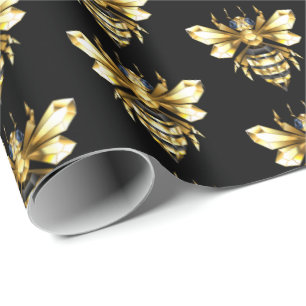 Faux Gold Foil Logo Bee Polygonal on Black Wrapping Paper