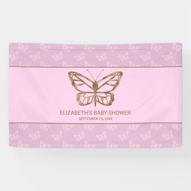 Faux Gold Foil Look Butterfly - Purple Baby Shower Banner (Horizontal)